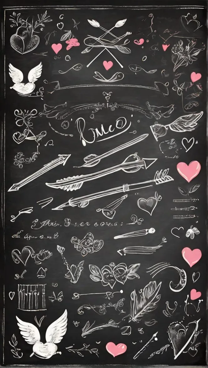 “A chalkboard style design with sweet love designs and doodles of cupid’s arrows.”