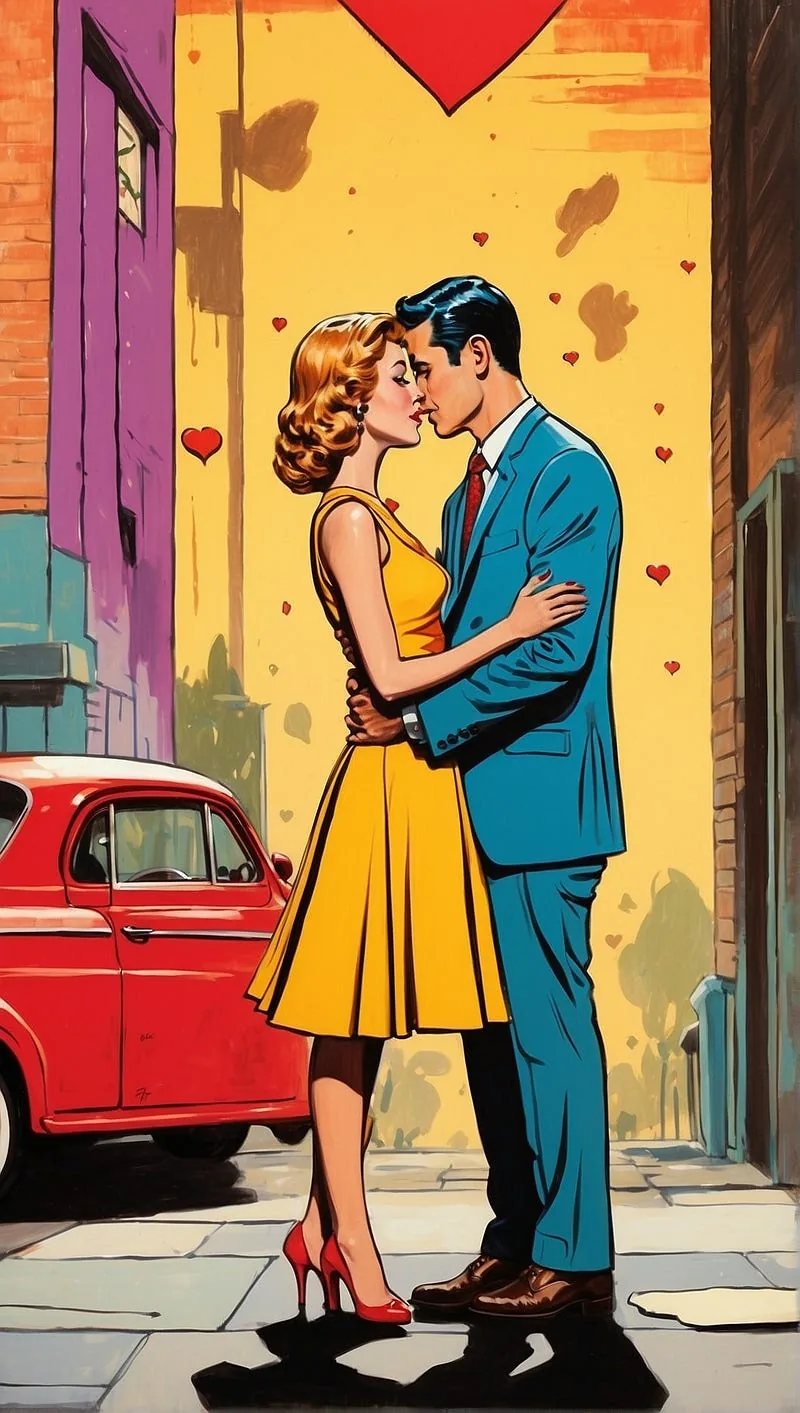“A pop art inspired card with bold colors and a comic strip of a love story.”