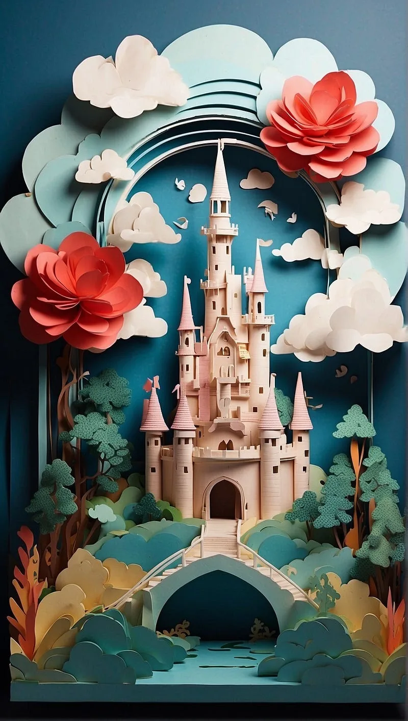 “A 3D paper cut design of a fairy tale castle surrounded by heart-shaped clouds.”