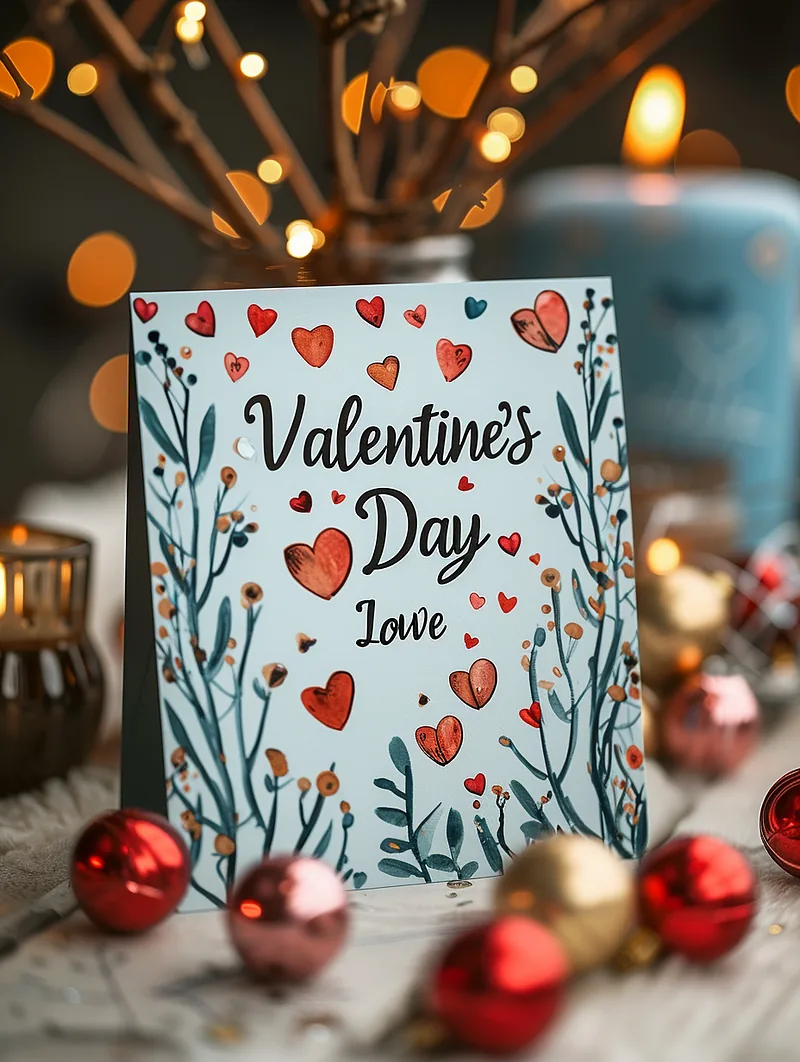 Mockup photo, a Valentine’s Day card on the table, “Valentine’s Day” “I Love You” , vector art of hearts and roses in fun colors printed on it &mdash; s 750 &mdash; v 6.0 &mdash; ar 3:4