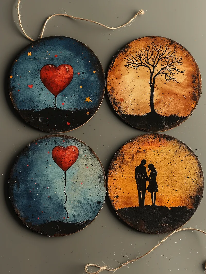 Mockup of coffe coasters, with love-themed motifs, such as a heart-shaped balloon or a couple’s silhouette against a starry sky, valentines day, &mdash; ar 3:4 &mdash; s 750 &mdash; v 6.0